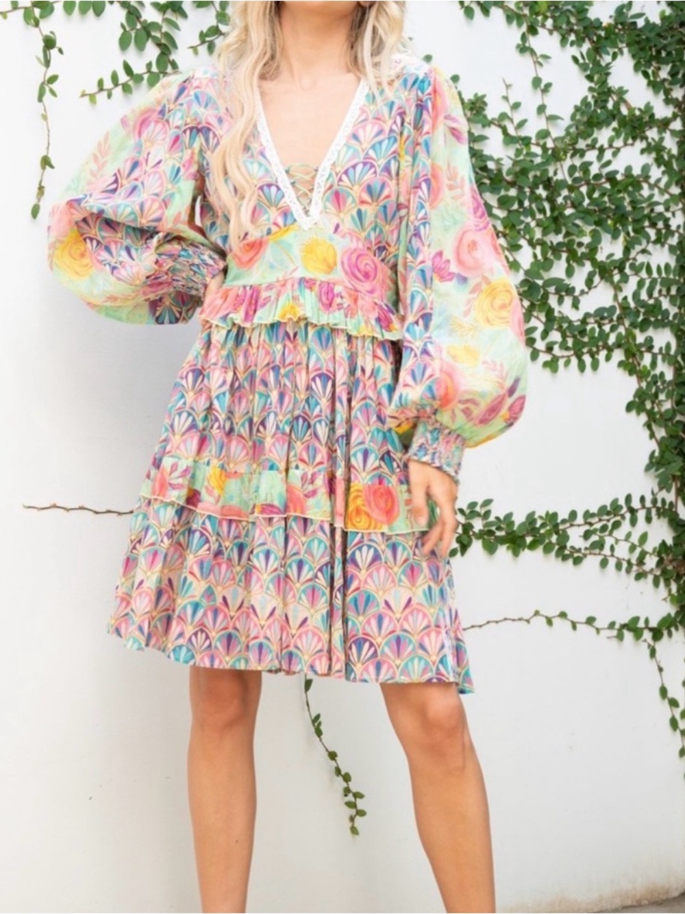 Boho stunner!  ' Multi-Color Tiered Floral V-Neck Dress